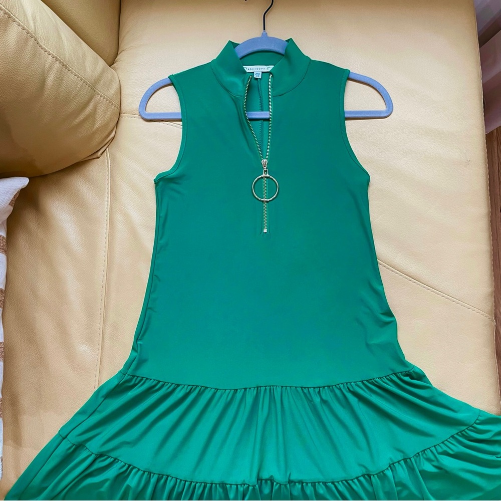 Tash And Sophie Emerald Green Half Zip Sleeveless A-Line Dress